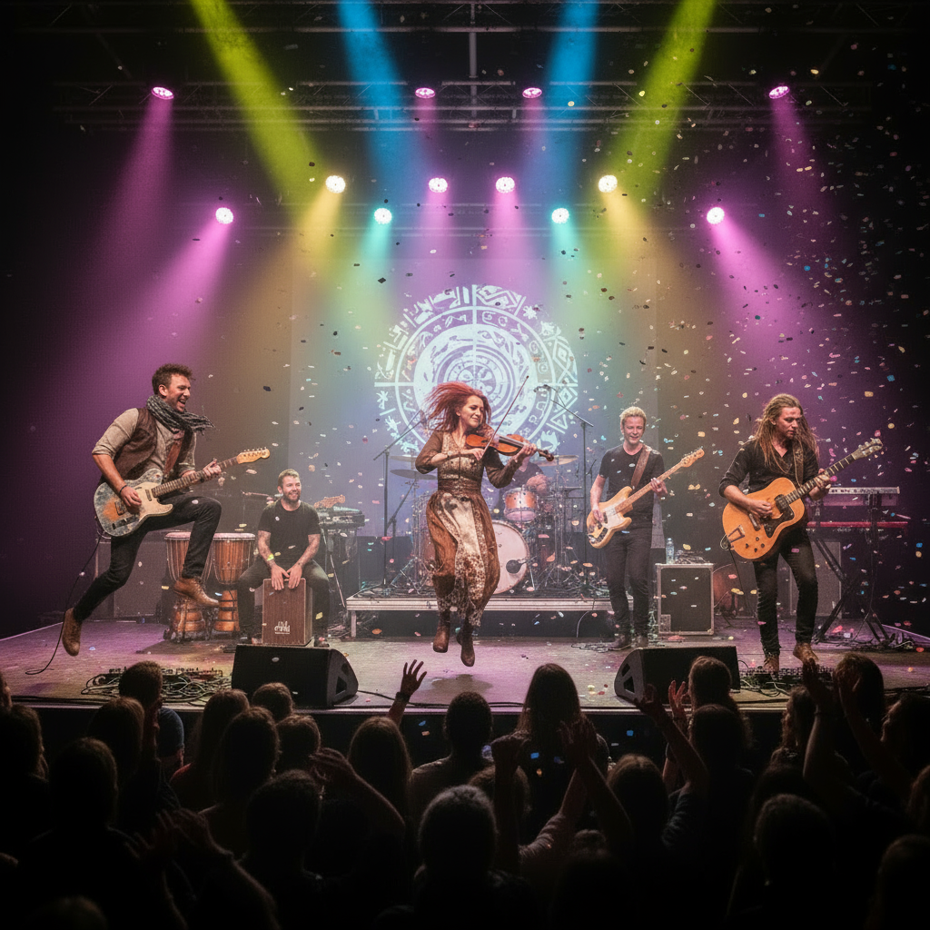 energetic hot fusion band performing on stage with lively lighting and a mix of world music instruments blending Irish fiddle with global rhythms, no sheet music in sight. Emphasize a modern fusion vibe.