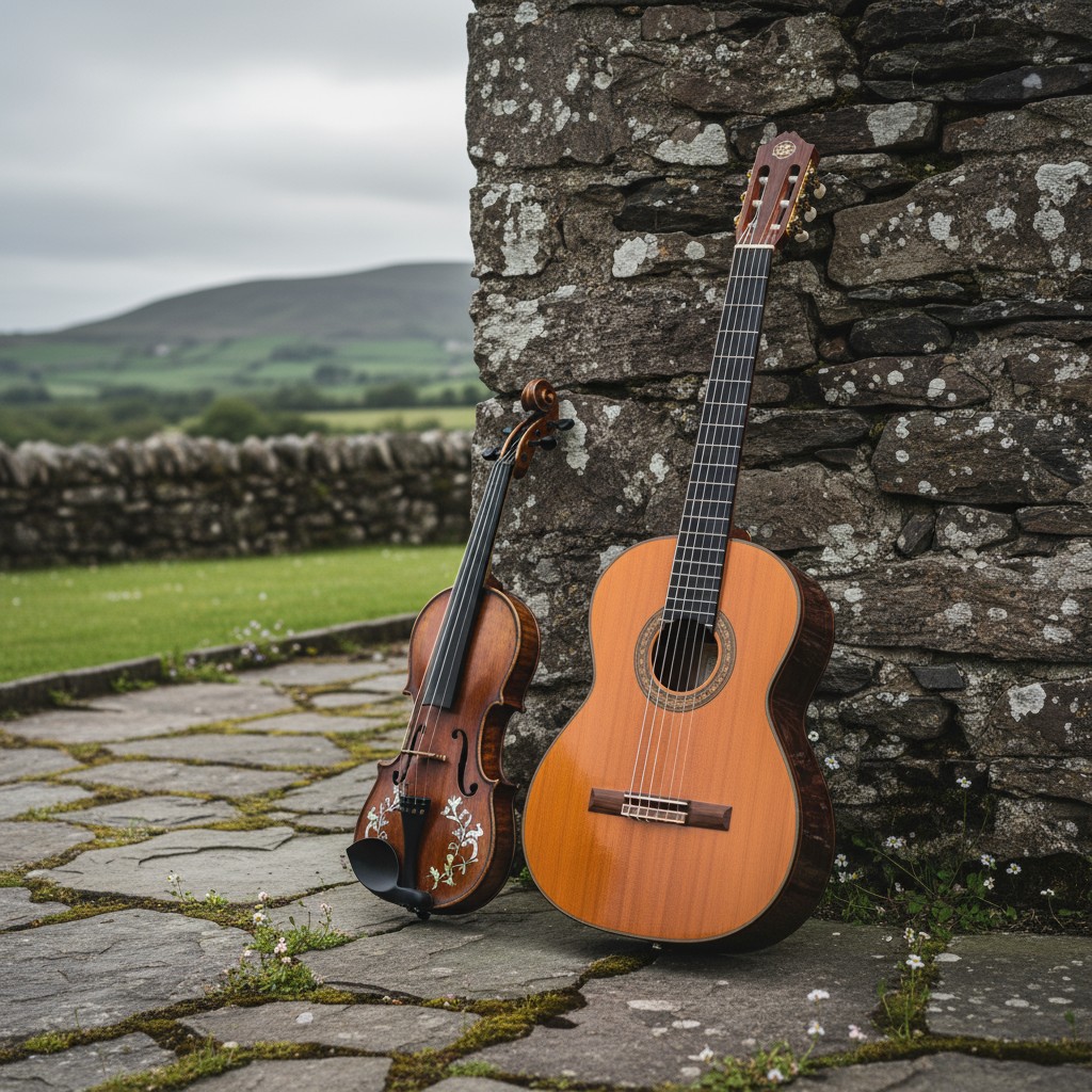 Two stringed instruments, a guitar and a violin pictured outdoors on a paved ground near a stone wall.