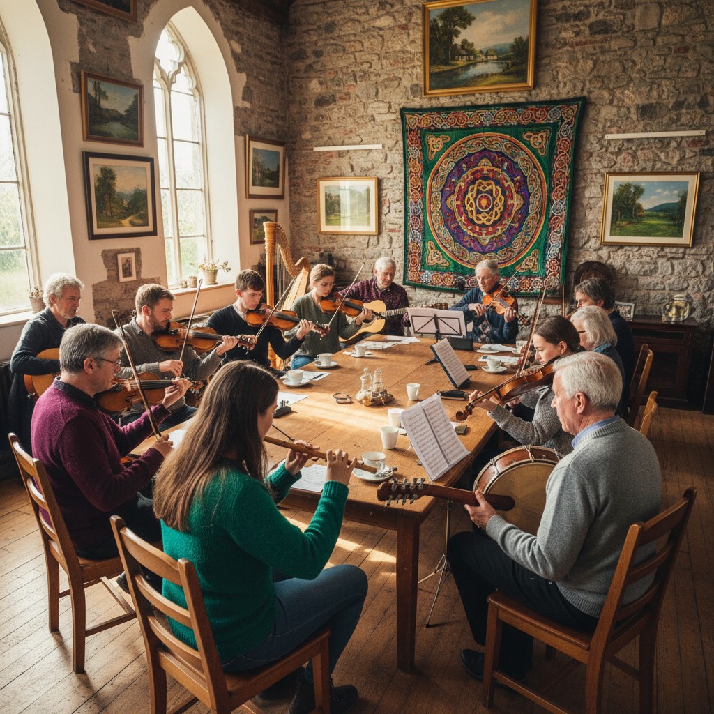 A group of people playing traditional Irish instruments in a rustic stone-walled room with a wooden table and paintings on...